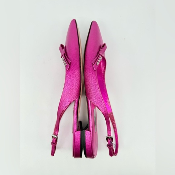 Prada Fuschia Pink Saffiano Leather Bow logo embellished slingback ballet flats - Picture 5 of 8
